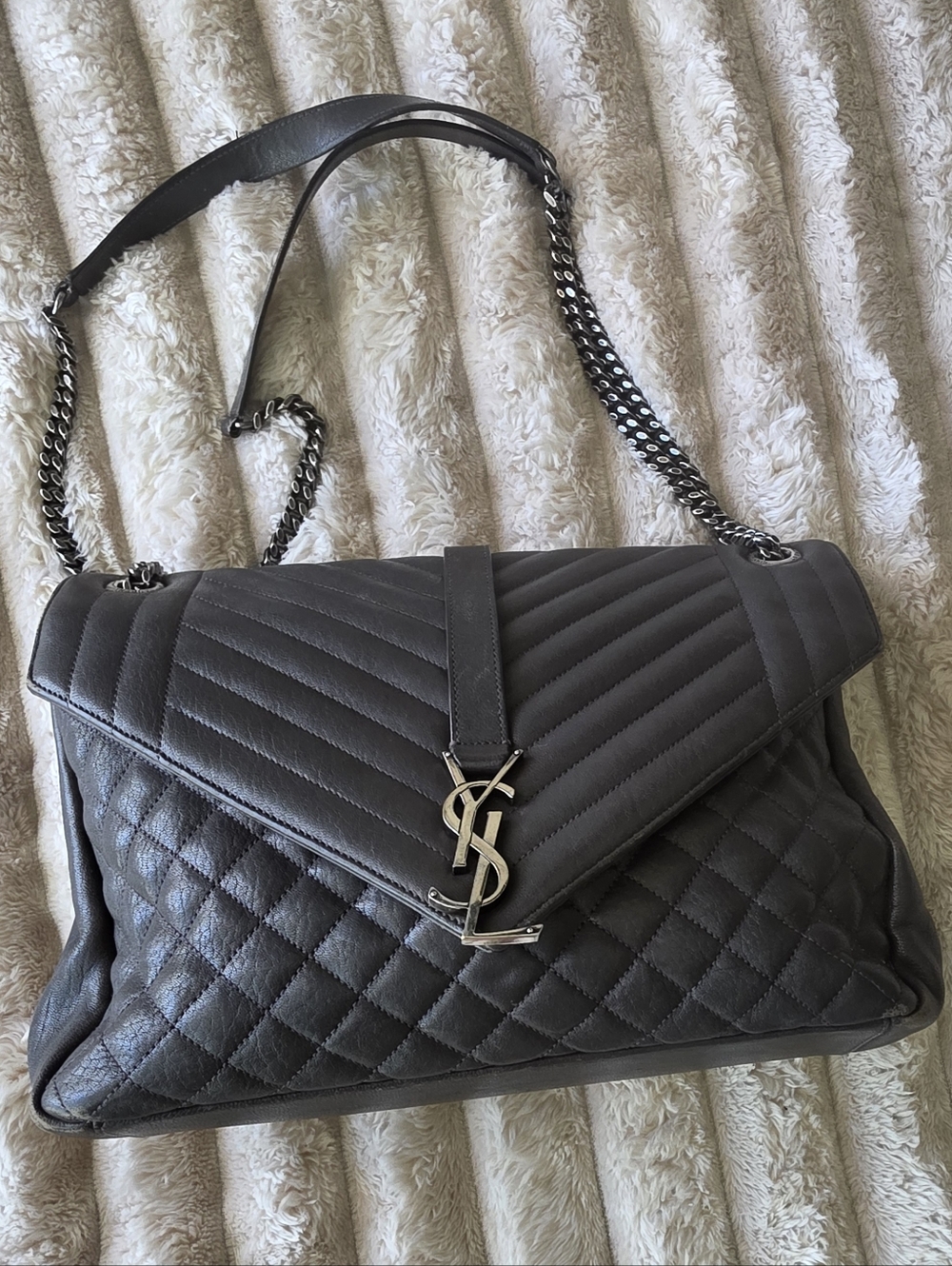 AUTHENTIC Saint Laurent Mixed Matelasse Quilted Leather Bag in Dark Gray